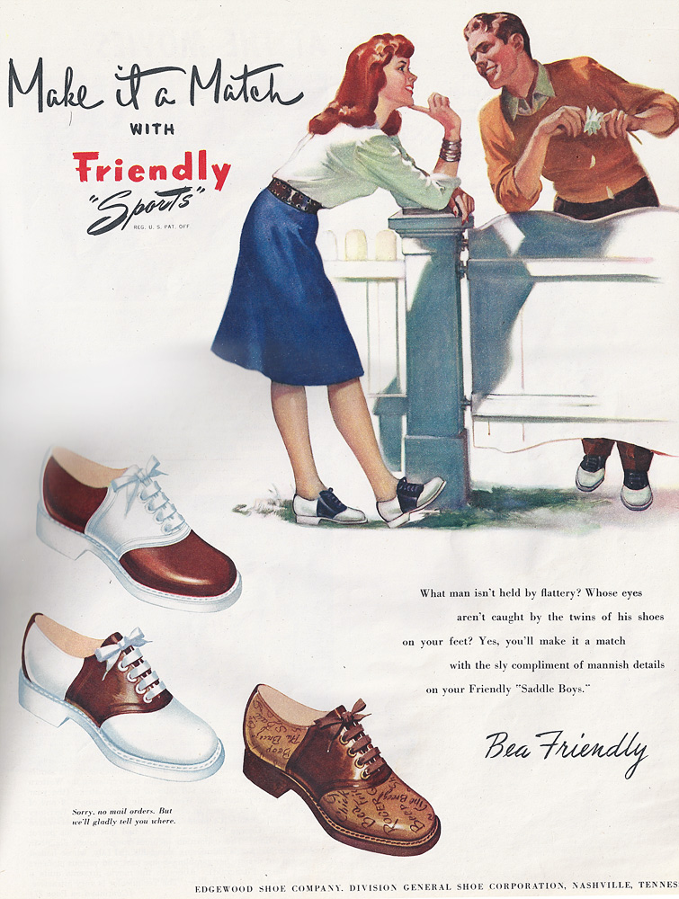 1940s Vintage Ad for Saddle Shoes for Edgewood Shoes featuring Saddle Shoes for Women and Men.