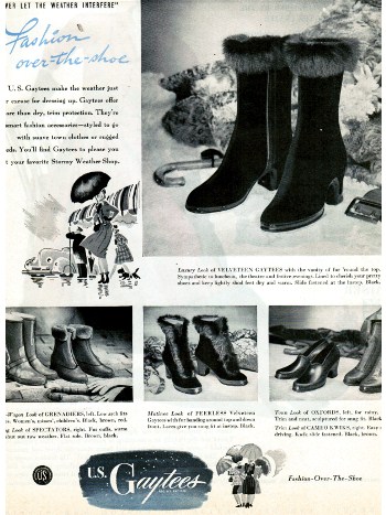 1940s Vintage Advertisement for gaytees galoshes. 1940s Fashions. 