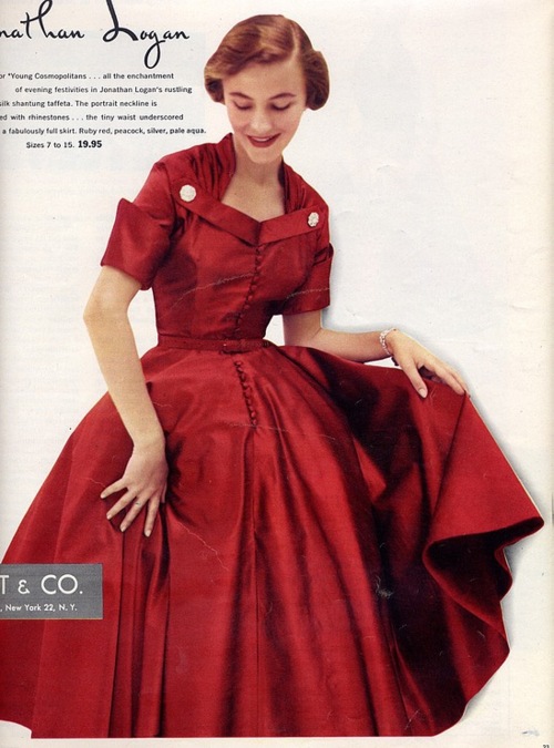 1950s Jonathan Logan vintage advertisement featuring a red 1950s dress