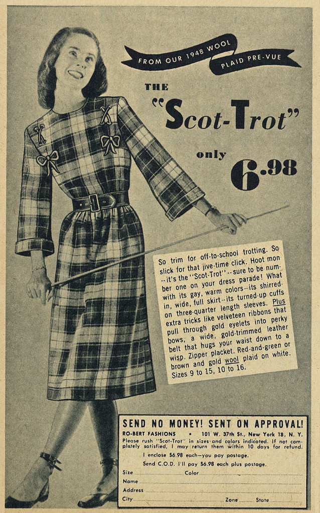 1940s Vintage Ad for 1940s Dress in Plaid for Teen girls. Called the Scot-Trot. 