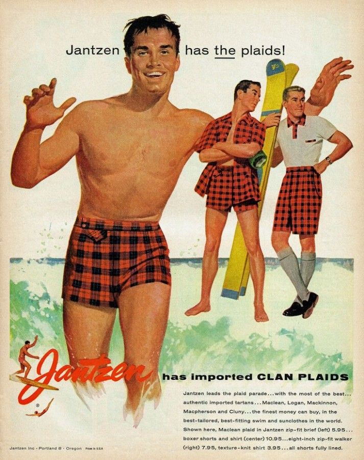 1950s Jantzen vintage swimsuit ad for men featuring plaid swim shorts, and matching shirts and plaid regular shorts. 