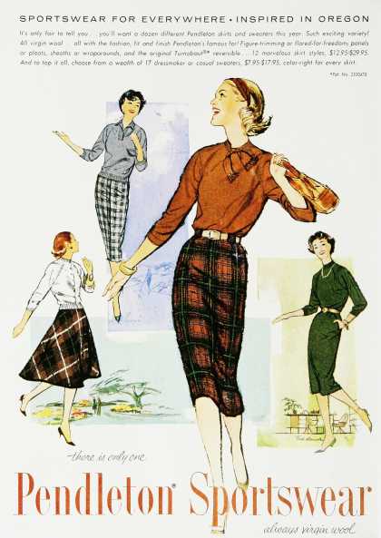 1950s vintage ad for Women's Pendleton Sportswear featuring skirts, capris and casual tops in plaid. 