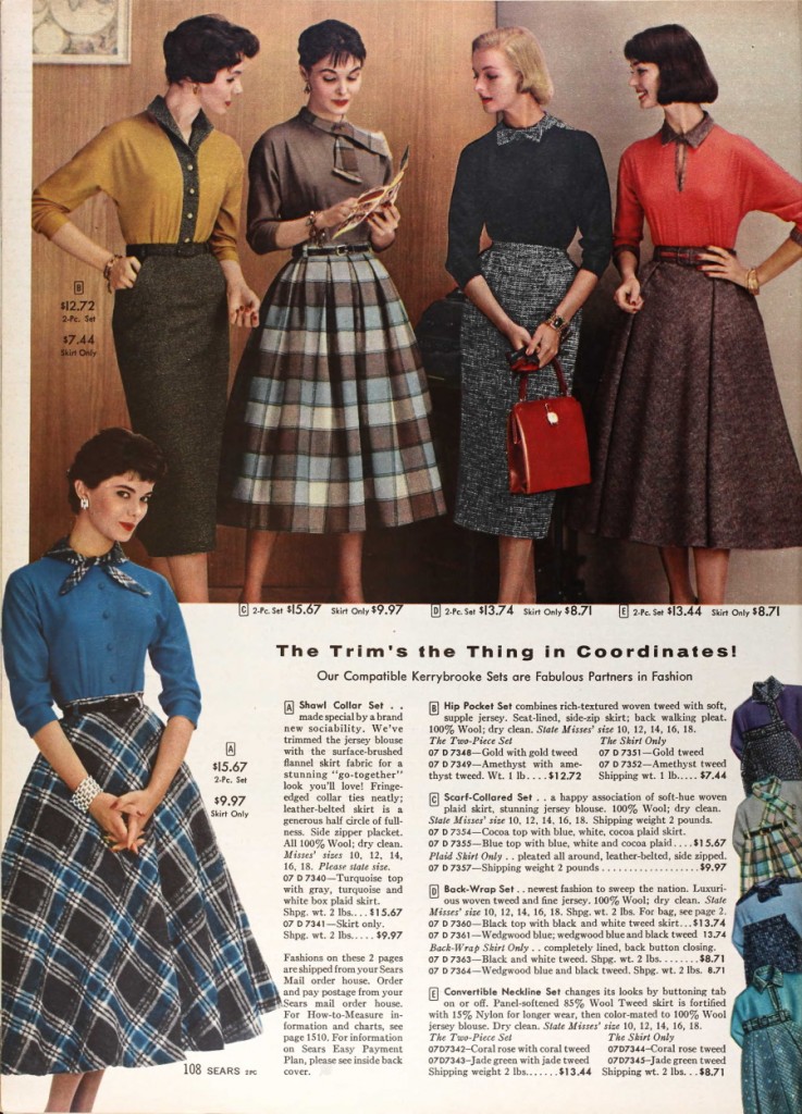 1957 plaid and tweeds vintage advertising for women's coordinates (tops and skirts)