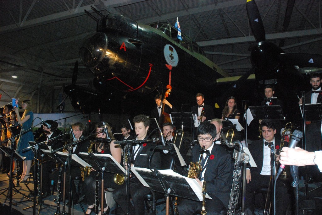 Toronto All-Star Big Band at the Canadian Heritage Warplane Museum playing Big Band music in front of the Lancaster plane. 