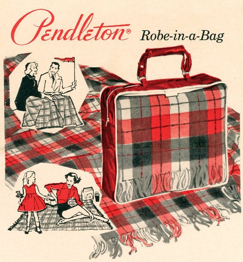 Vintage Pendleton blanket ad from the 1950s. 1950s Vintage Ad featuring plaid blanket that is in a bag and perfect for various activities. 