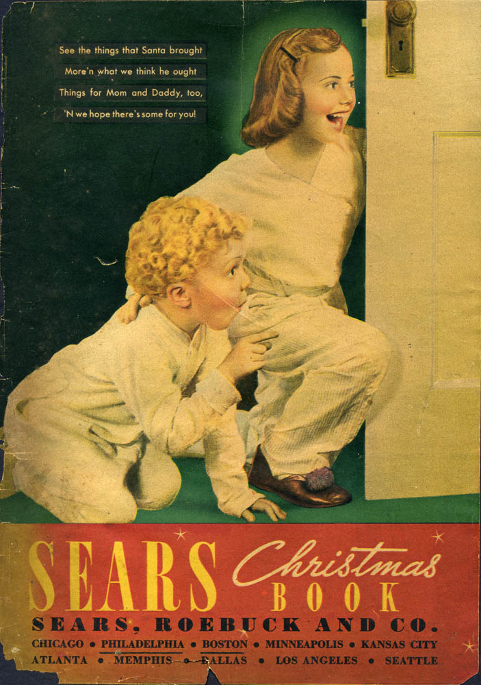 1930s Vintage Catalog-1937 Sears Christmas Catalogue featuring an image of 2 kids waiting to see Santa. 