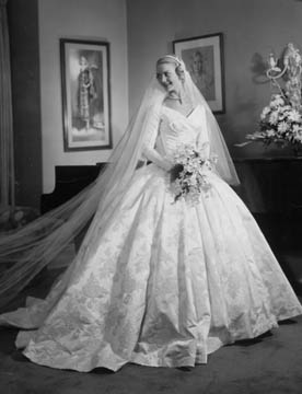 1950s Vintage Photo of Barbara Ann Scott who wore a beautiful Artibello original gown of white French silk woven with rose motif at her 1955 wedding.