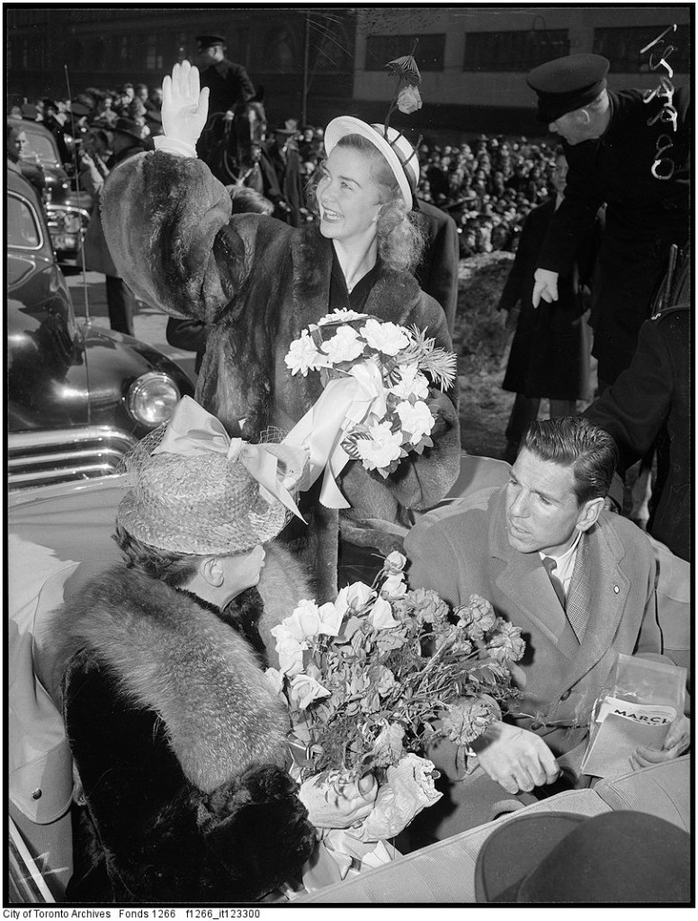 1940s vintage photo of Barbara Ann Scott Figure skater at her parade in Toronto after winning gold at the Olympic Winter Games.