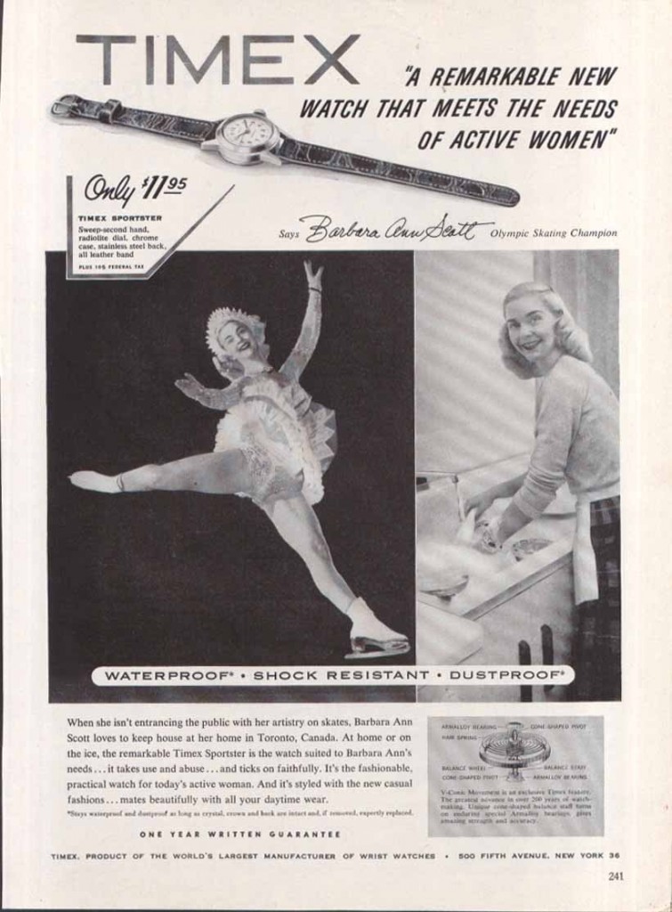 1950s Vintage Ad for Timex featuring Barbara Ann Scott, Figure Skater. 