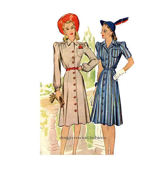 1940s Fashion: 1940s Sewing Pattern for women's Shirtwaist dresses. Shirtwaist dress that is gathered along shoulders and has puffed sleeve caps. Choice of long or short sleeves.