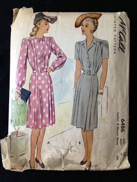 1940s Fashion: 1940s Vintage Sewing Pattern from Women's Shirtwaist dresses featuring a fashion illustration of Women's in cool 1940's hats.  