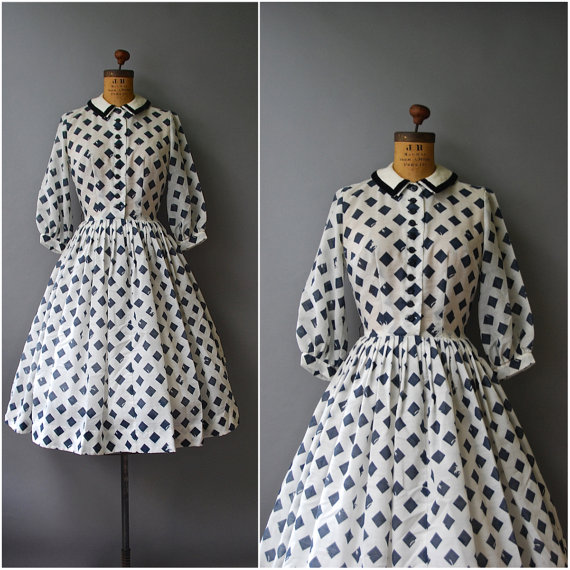 1950s Fashion / 1950s Vintage Dress: 1950s Shirtwaist Dress - 950's L'Aiglon diamond print shirtwaist dress