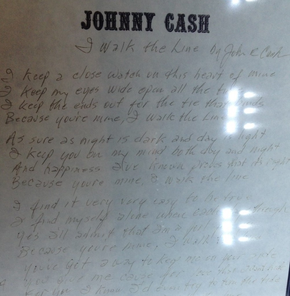 Johnny Cash Museum Walk the Line original words on paper. 