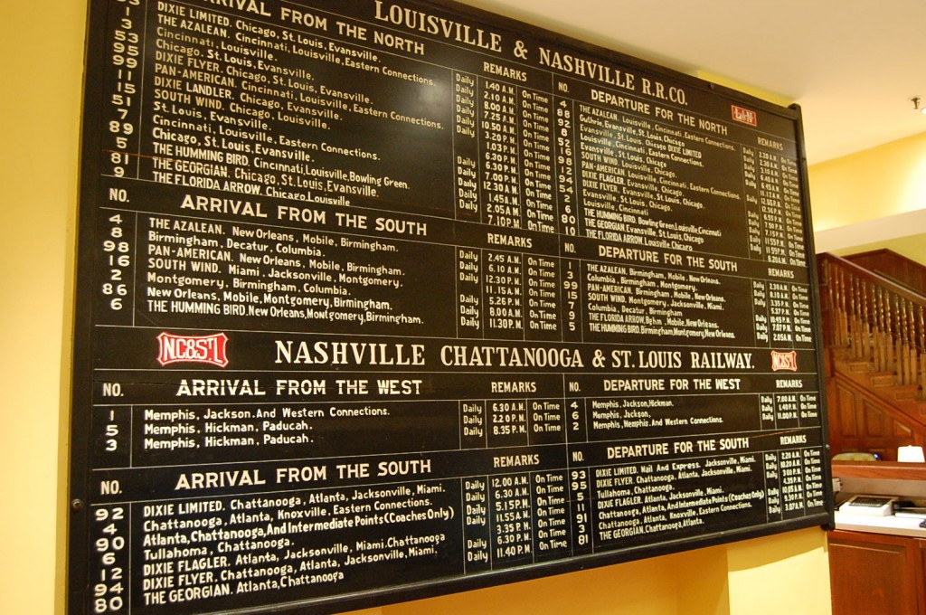 Union Station Nashville-Vintage train station turned hotel. The train times sign. 