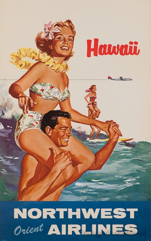 1950s vintage Hawaii travel ad for Northwest Airlines. 