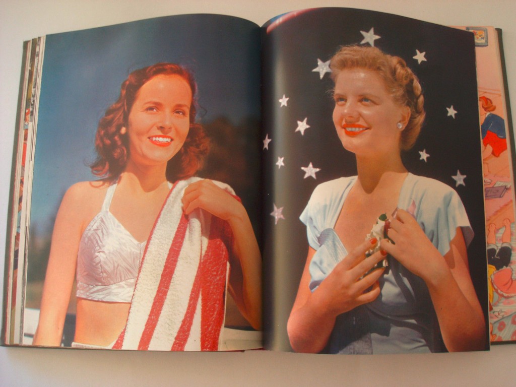 1940s vintage yearbook from Quad Standford University in 1946 featuring images of two young woman in pretty pinup styles posing in a 1940s swimsuit and 1940s evening gown. 