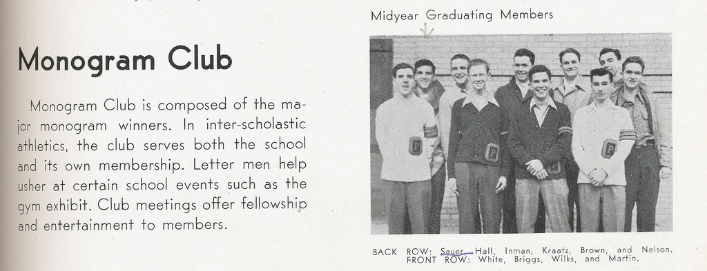 1946 Yearbook photo of the Monogram Club. The image showcases the young men in the club in their letterman sweaters. 