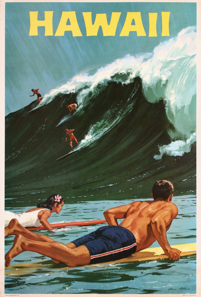 vintage hawaii poster featuring an illustration of a couple surfing. 