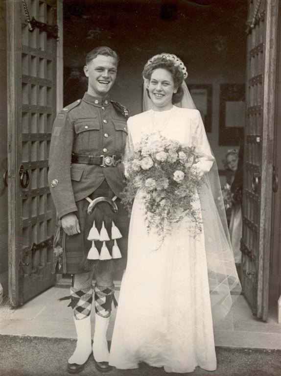 1940s Canadian War Bride -CSM Wm. Lyster and Wren Coral Eswyn Ellinor on August 21st 1943. St. Richard's Church, Aldwick, Sussex. What a stunning 1940s wedding dress, veil, crown and of course the flowers. And our young soldier in his kilt uniform. 