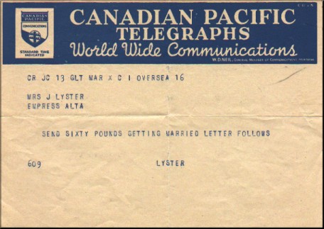 1940s Canadian Pacific Telegraph, telegram about fund needed for getting married during WW2.