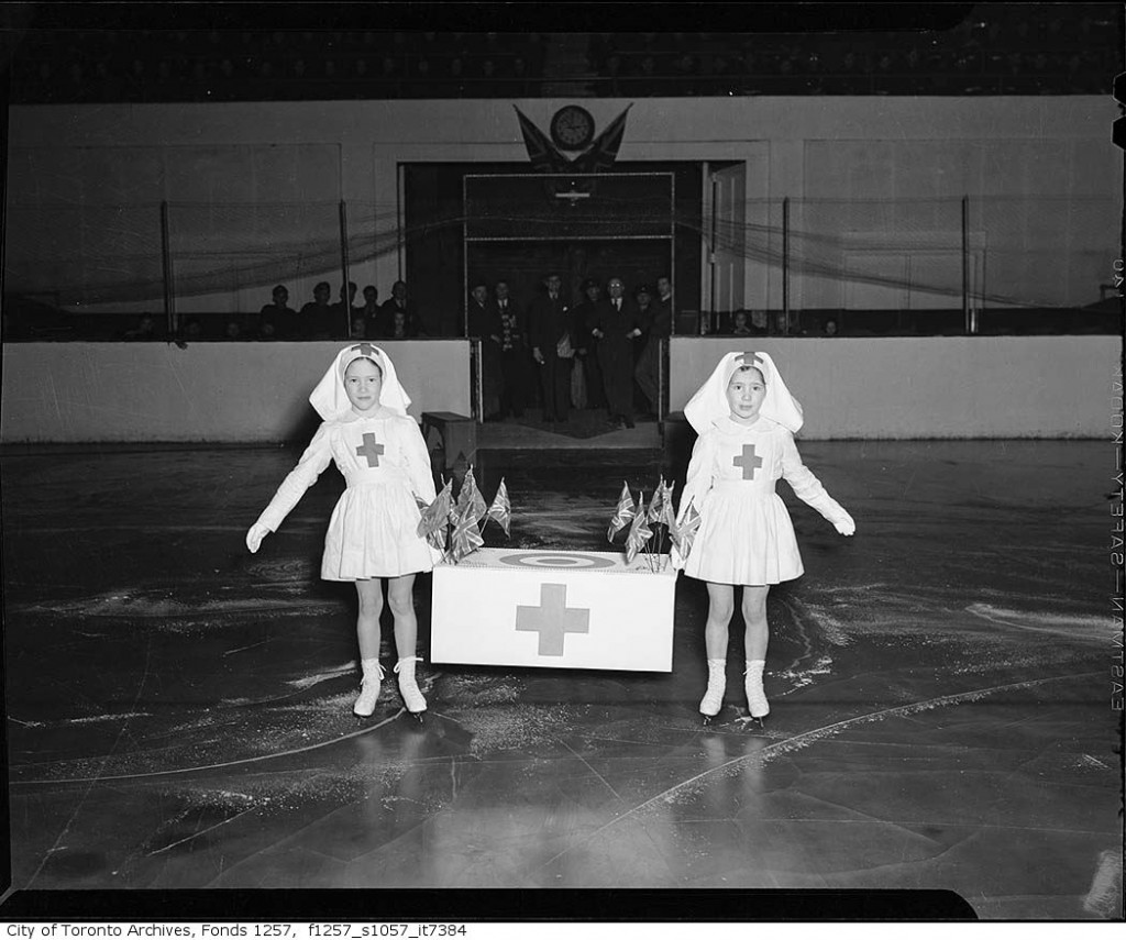 1940s vintage photo of Girls skating at Red Cross meeting, Maple Leaf Gardens 1945