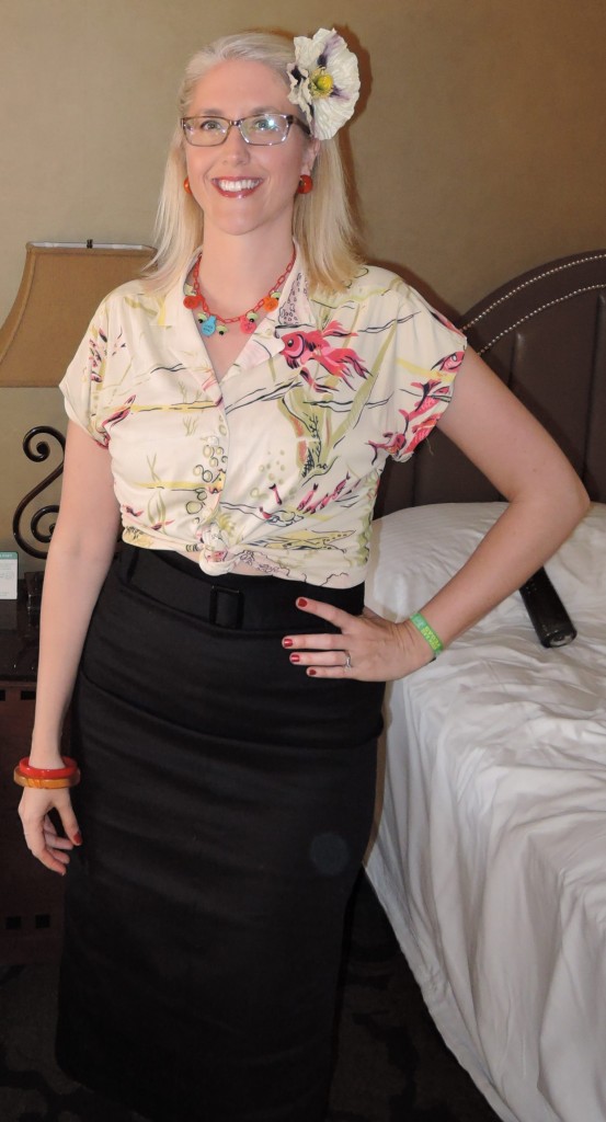 The Vintage Inn Blog Vintage Rockabilly Style-Hair Flower, vintage 1940s blouse, pencil skirt, vintage bakelite