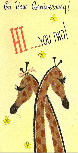 Vintage Wedding Anniversary Card featuring an illustration of two giraffes hugging