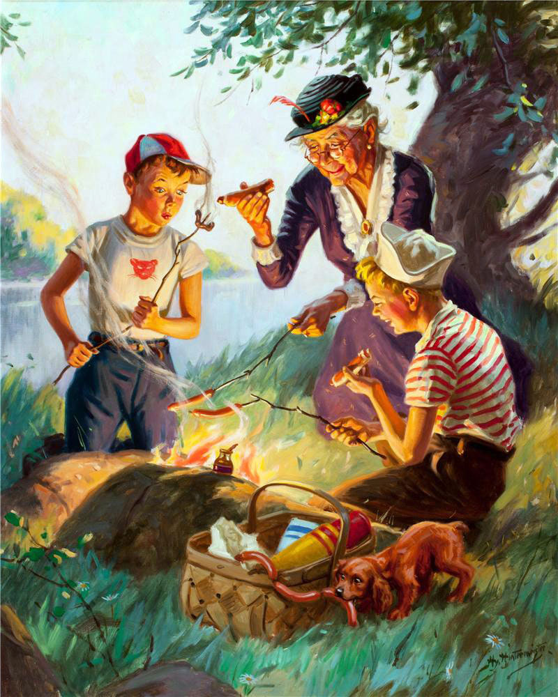 1950s illustration of two kids with their grandmother cooking hot dogs over a fire. 