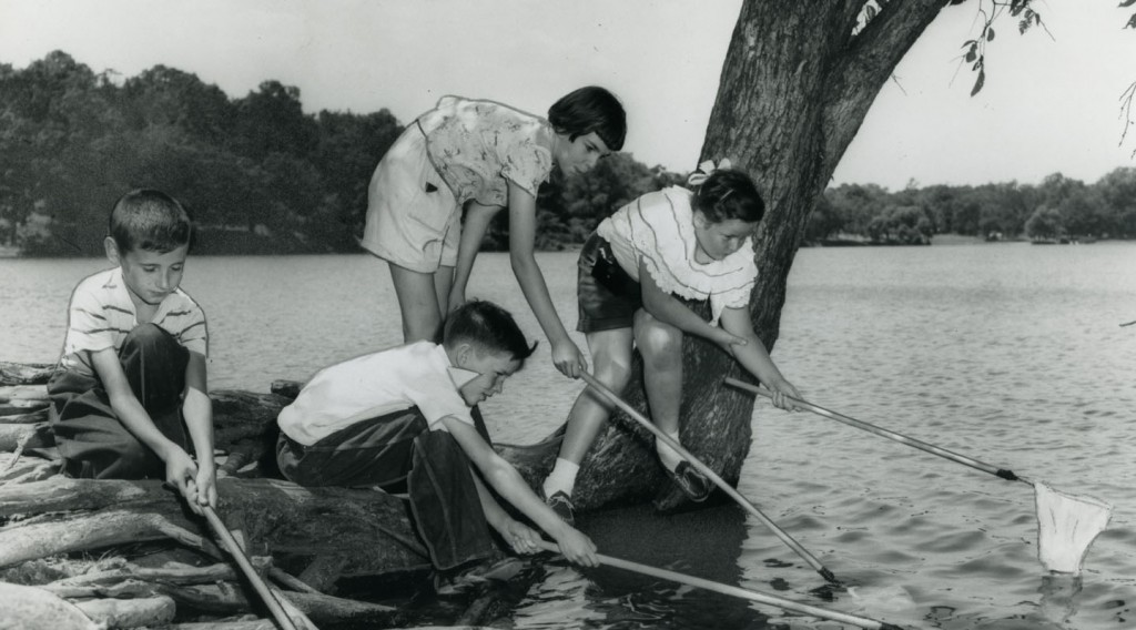 1950s children playing by the lake trying to catch minnows with nets. 