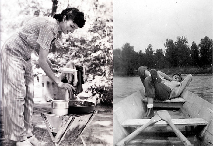 1940s vintage photos of a woman cooking food over a camper stove and a man hanging out in a canoe. 