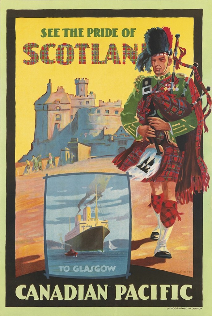 Canadian Pacific vintage travel p;oster to visit Glasgow featuring Edinburgh Castle and a Bagpiper