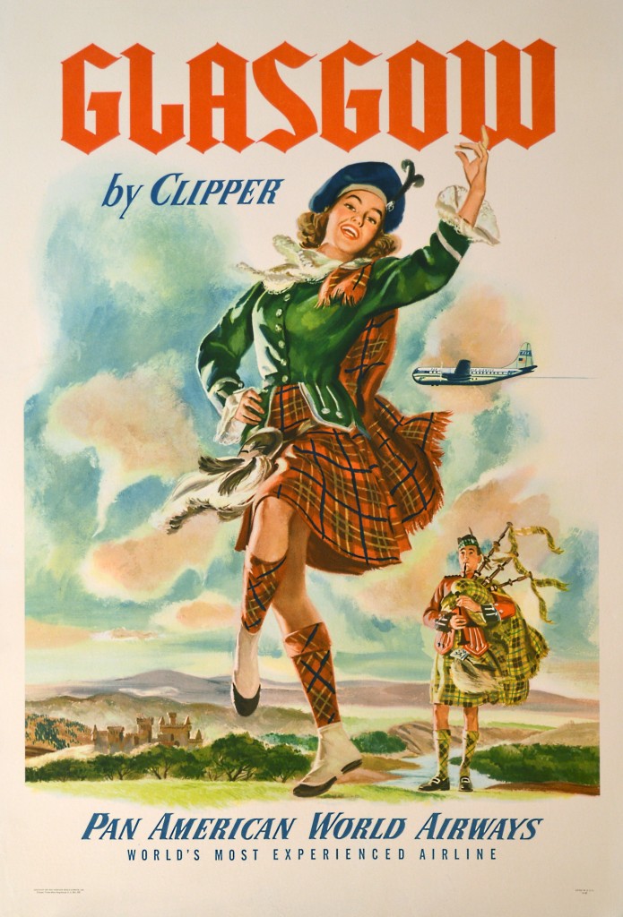 1940s / 1950s Vintage Travel Poster for Pan Am Travel to Glasgow Scotland. Illustration features a man and woman in kilts. 