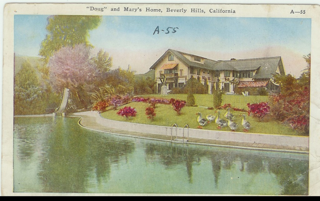 Mary Pickford and Douglas Fairbanks home called pickfair as seen in a vintage postcard 