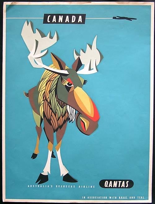 1950s vintage advertisement for Qantas Airline (Australia) showcasing an illustration of a Moose with an airplane flying over top. Visit Canada from Australia!