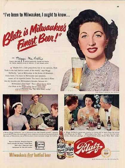 1940s vintage ad for Blatz Beer featuring Maggi McNellis in 1950s fashions promoting the beer brand. 