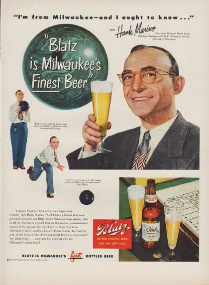 1940s Vintage ad for Blatz Beer featuring Hank Marino bowling champion promoting the beer. 