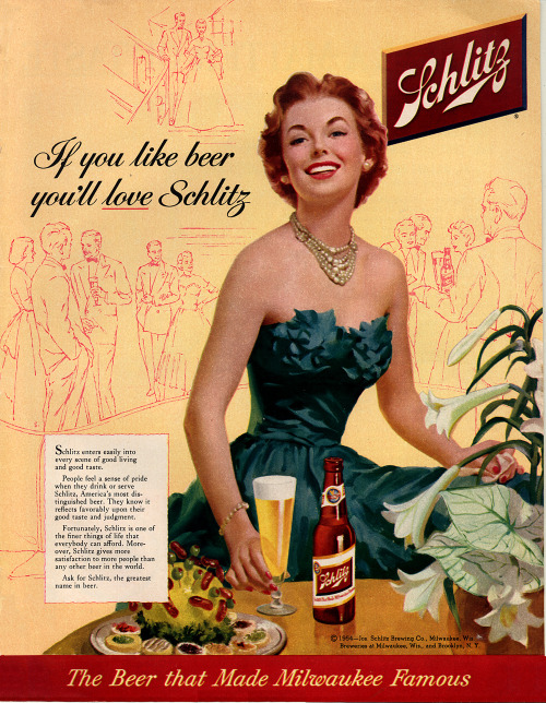 1950s vintage ad for Schlitz beer featuring a woman in a 1950s party dress drinking a beer. 