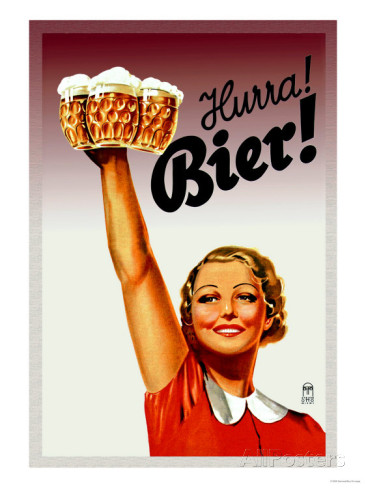 1930s Vintage Beer Ad featuring a woman in a 1930s hairstyle holding beer steins.