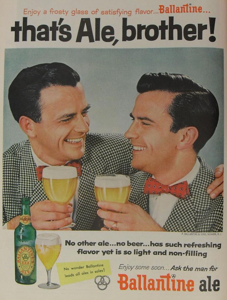 1950s vintage beer ad for Ballantine beer featuring two men dressed the same drinking beer. 