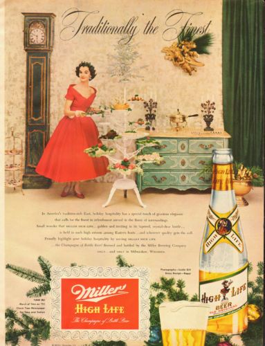 1950s Vintage ad for Miller High Life Beer featuring a woman in a 1950s evening dress serving food and beer for a party. 