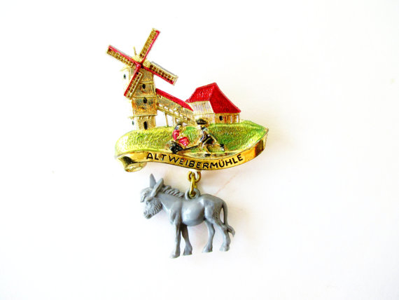 vintage german souvenir brooch hat pin-A large windmill (the Alt Weibermühle) and a Donkey