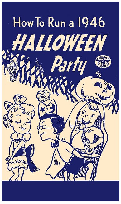 1940s Vintage Halloween Pamphlet on how to run a 1946 Halloween Party featuring illustrations of kids in Halloween costumes at a Party. Fun Halloween Art. 