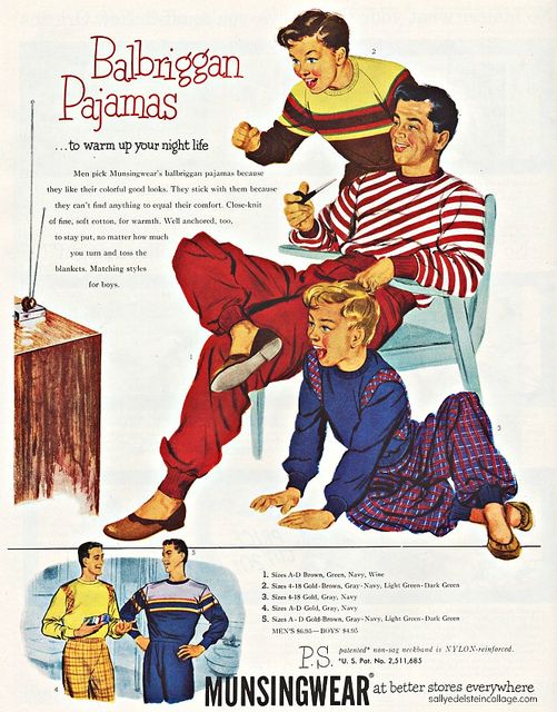 1950s vintage advertising ad for mens and kids pajamas. The vintage ad features an illustration of a dad with their kid in their pj's watching TV> 