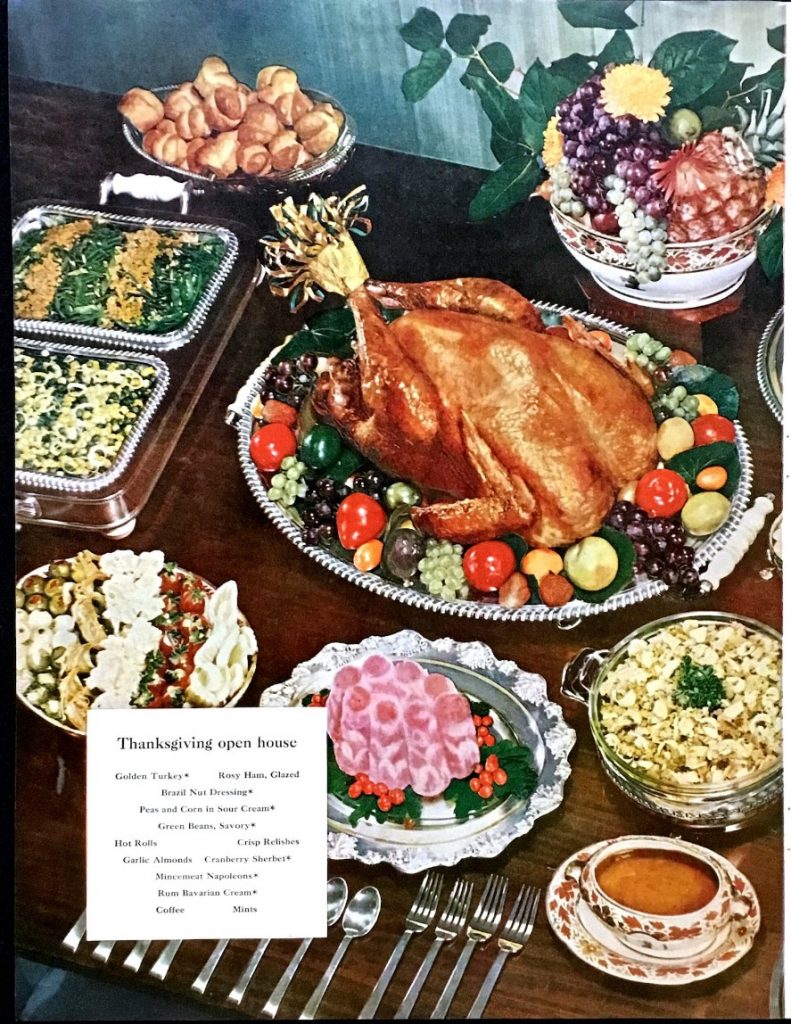 1950s Thanksgiving dinner table featuring a Thanksgiving dinner menu for an open house from a vintage magazine