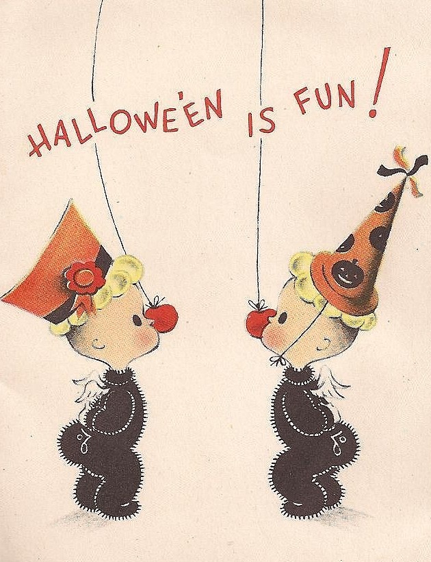 1950s halloween vintage greeting card of two kids dressed as clowns playing a Halloween party game. 