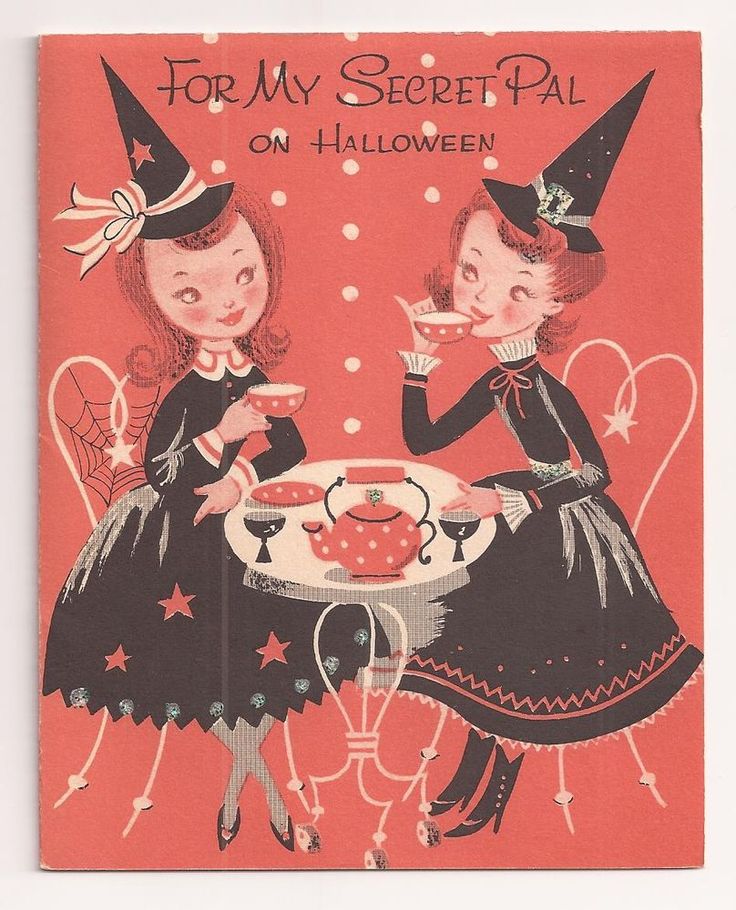 1950s vintage halloween greeting card-1950s greeting card of two witches having tea together