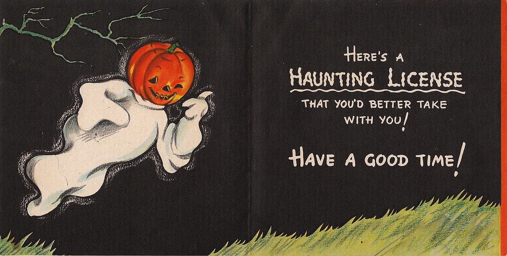 1945 halloween card featuring an illustration of a ghost with a pumpkin on it's head. 