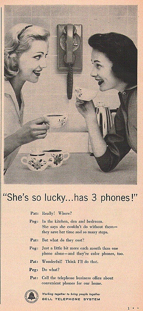 1950s Bell telephone ad / 1950s vintage advertising featuring two woman talking over coffee waiting for the phone to ring. 