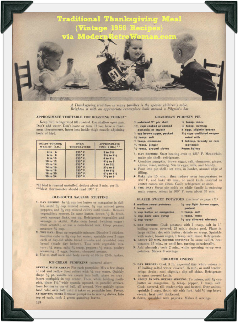 1950s Vintage Recipe: Traditional Thanksgiving Meal from a vintage 1956 Recipe.