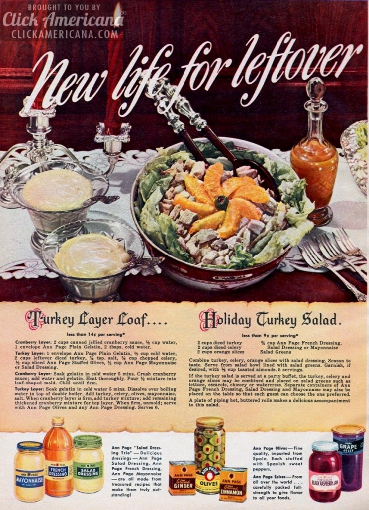 1940s vintage ad featuring recipes on what to do with leftovers from Thanksgiving dinner. Ad is from 1948. 